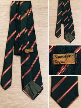 Ermenegildo Zegna Silk Tie Green Red Diagonal Striped Classic Luxury